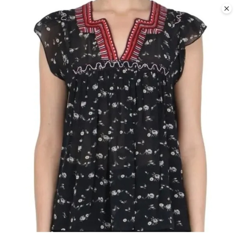 Ulla‎ Johnson Anosha 100% Silk Blouse Womens 6 Floral Ruffle Cap Black Red Top